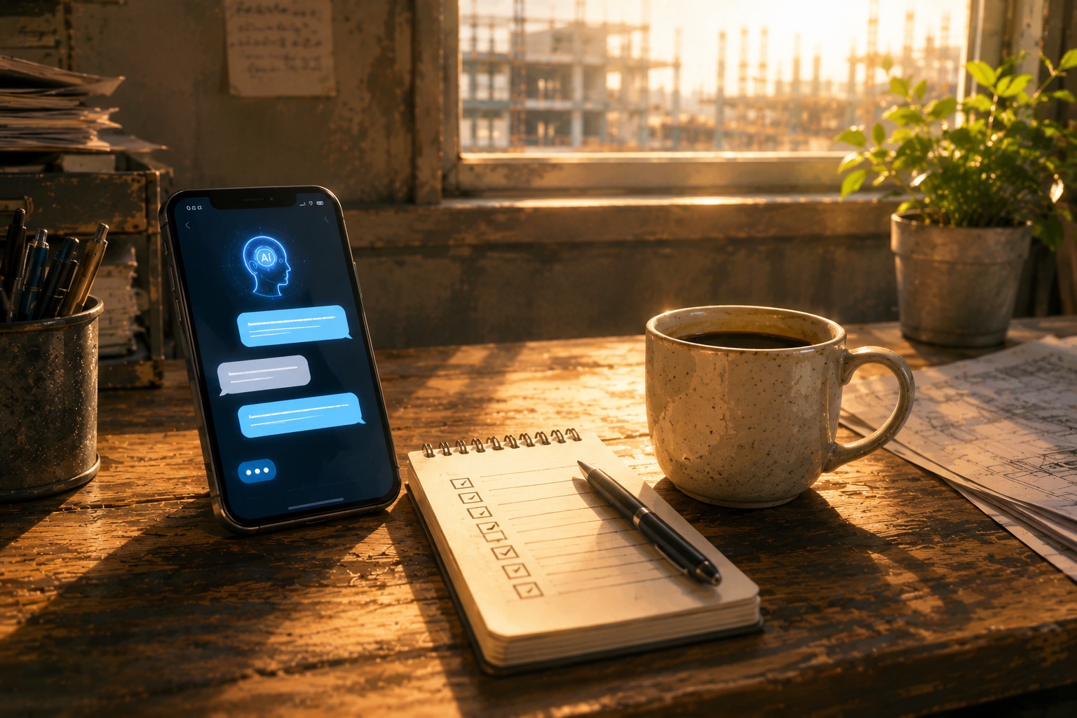 スマホのAIチャットアプリとチェックリストのメモ帳、コーヒー