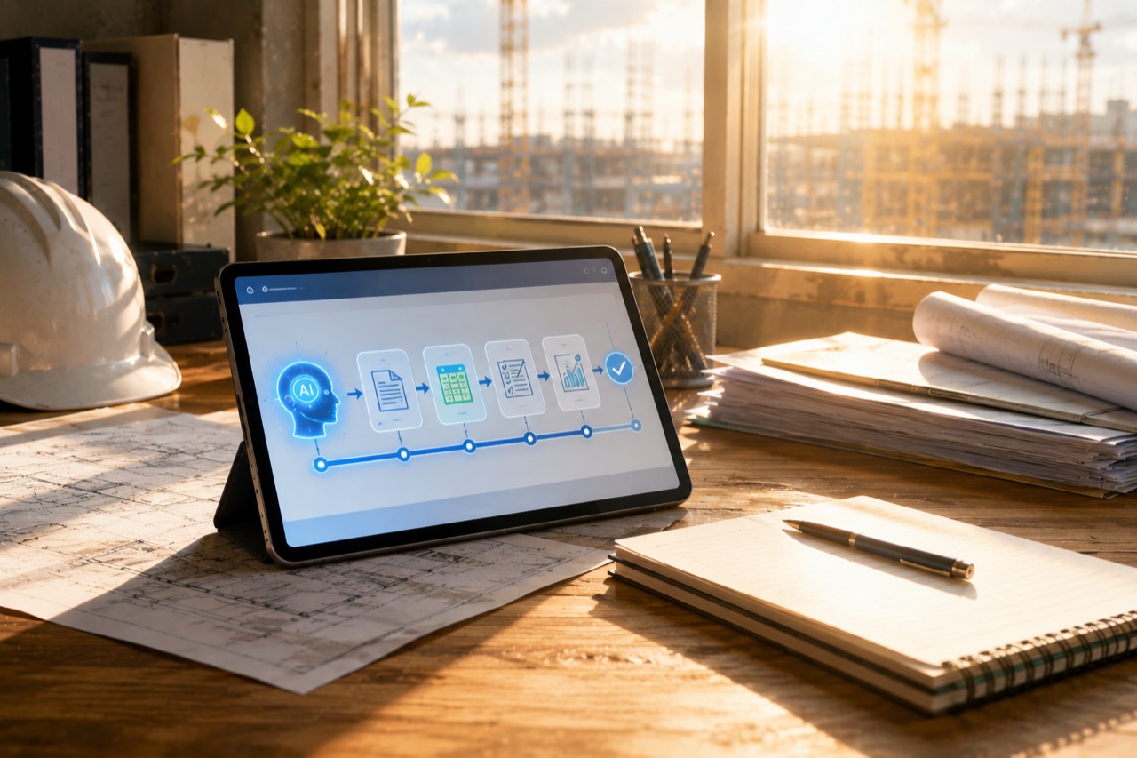 タブレットに表示されたAI活用のステップ図と現場事務所のデスク