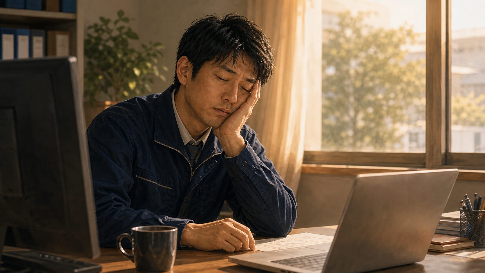 午後のデスクで眠気と闘う作業着の男性
