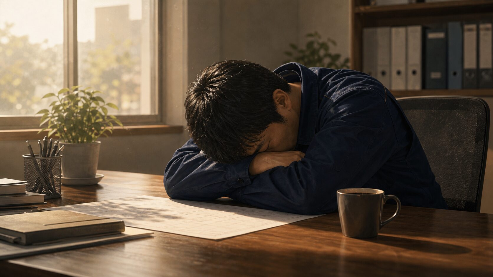 机で短い仮眠をとる人とコーヒーカップ