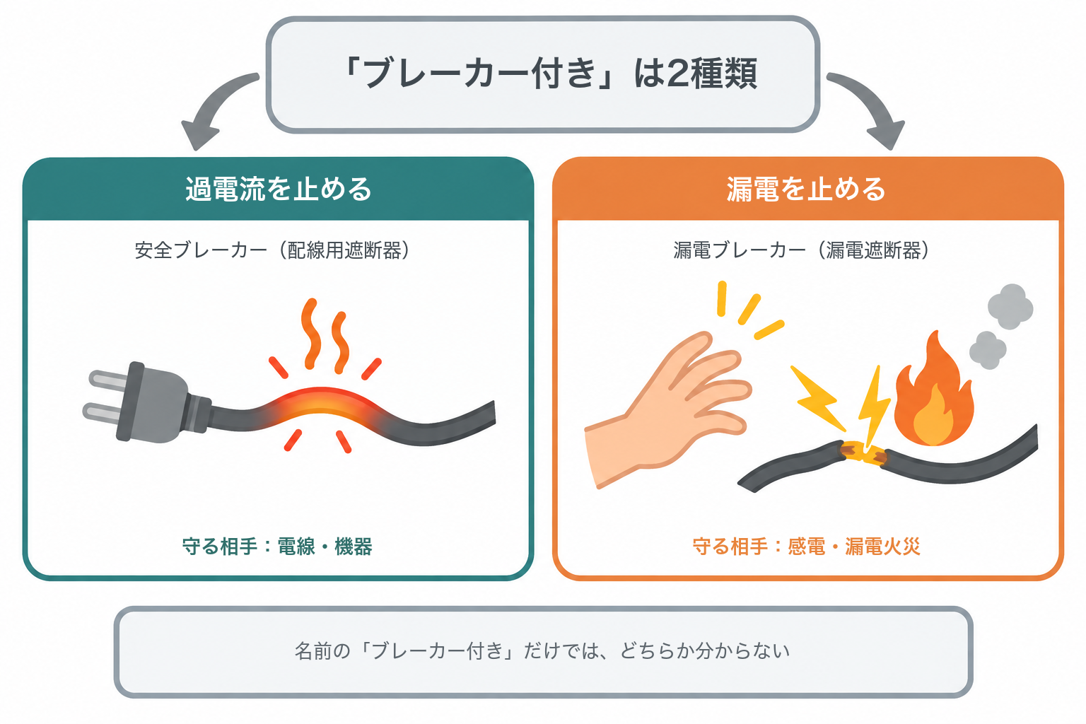 ブレーカー付きの2種類：過電流を止める安全ブレーカーと、漏電を止める漏電ブレーカーの違いを示す図
