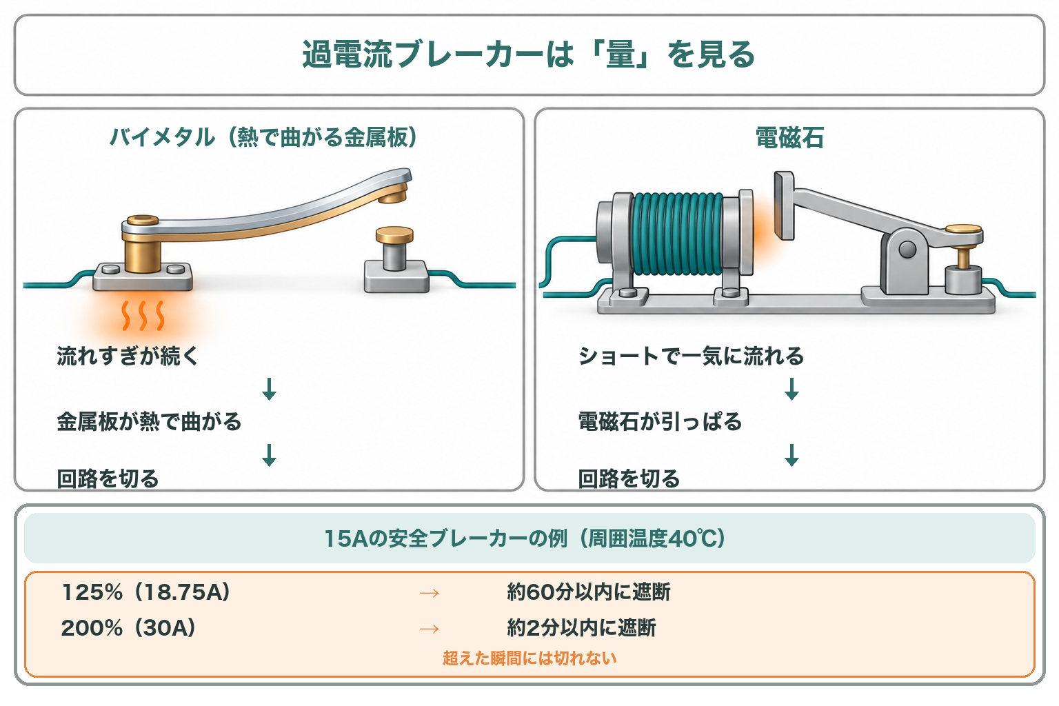 過電流ブレーカーの仕組み：バイメタルと電磁石で回路を切る流れと、15Aの安全ブレーカーの遮断時間の例